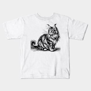 Stick figure of Maine Coon cat in black ink Kids T-Shirt